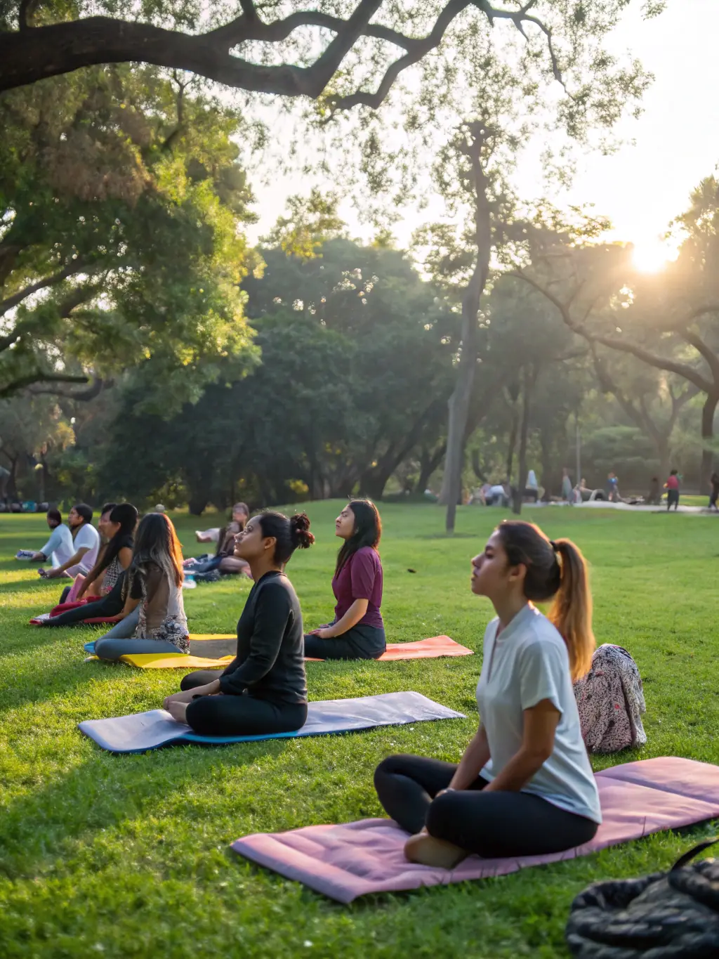 A serene image of a group practicing yoga in a natural setting, highlighting SOUND HORIZONS' focus on well-being and connecting with nature.