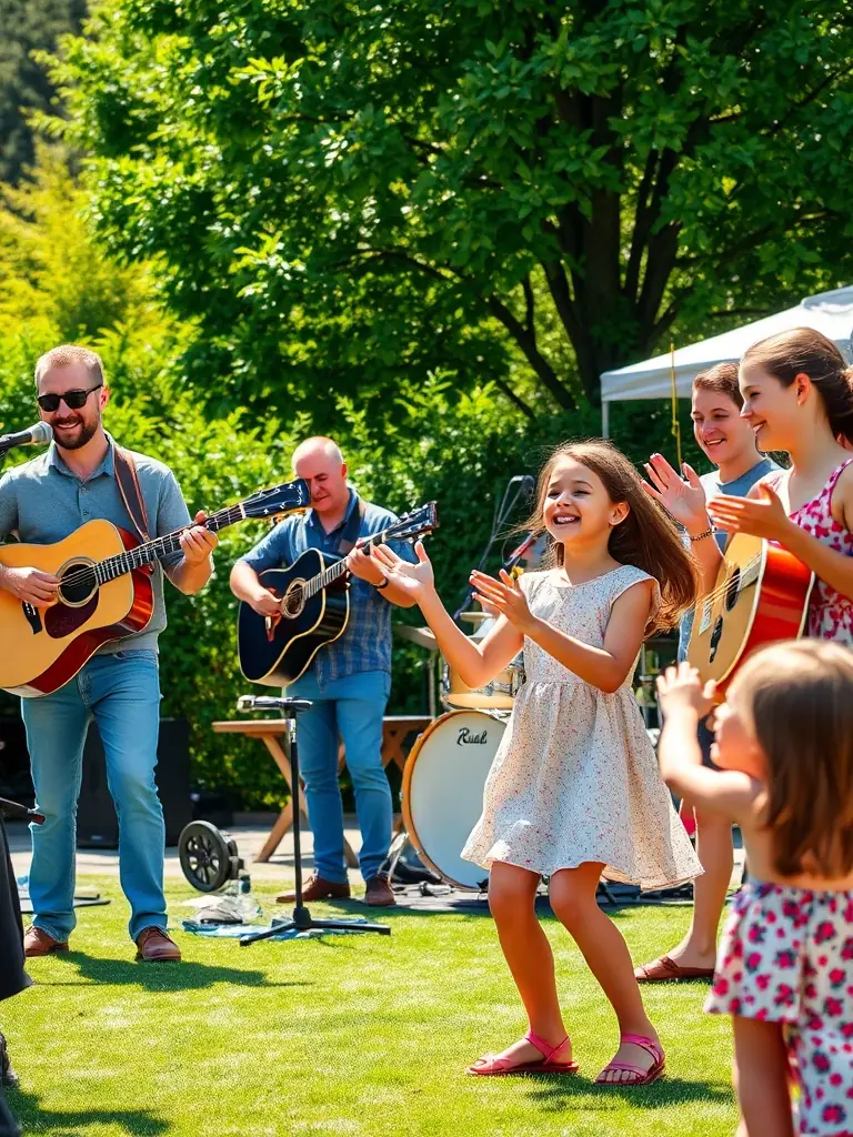 A photograph capturing a group of children participating in an outdoor music workshop, surrounded by nature, showcasing SOUND HORIZONS' commitment to arts education and environmental awareness.